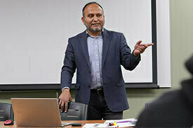 Helal Khan teaches his course, Everyday Justice, on April 11 in Geddes Hall