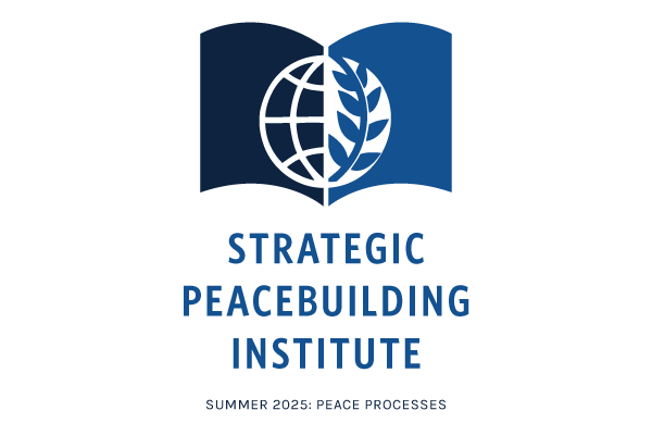 A vector logo depicting the Kroc Institute globe within a book with the text "Strategic Peacebuilding Institute" below