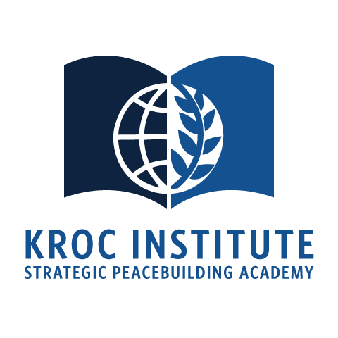 A vector logo depicting the Kroc Institute globe within a book with the text "Strategic Peacebuilding Institute" below
